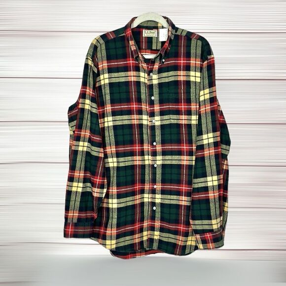 Vintage L.L. Bean Flannel Button Up Shirt Cotton Plaid Green Red Yellow size XL - Picture 2 of 11